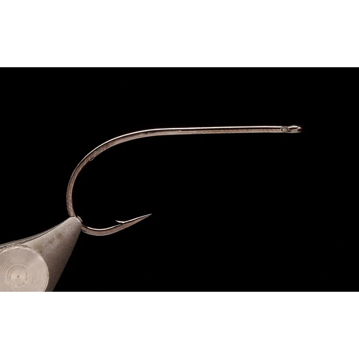 Close-up of Kona UMS black-nickel streamer hook with ultra-sharp high-carbon steel point and barbed design