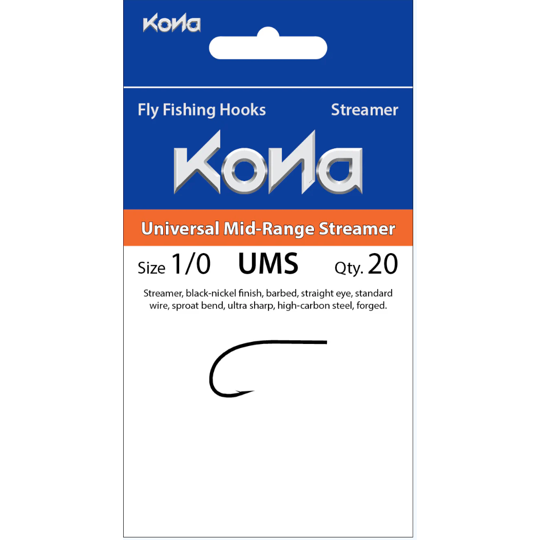 Kona Universal Mid-Range Streamer fly tying hooks packaging, size 1/0, black-nickel finish, quantity 20