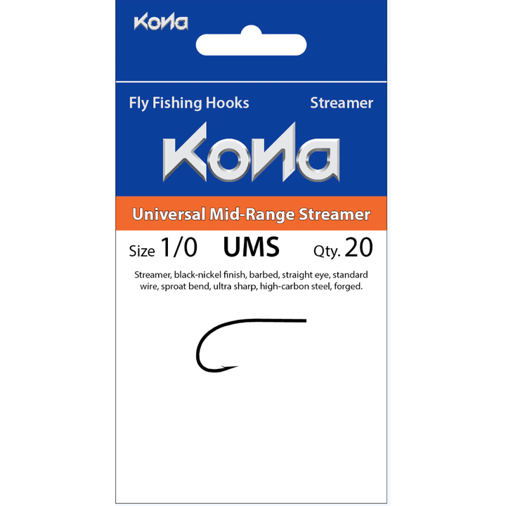 Kona Universal Mid-Range Streamer fly tying hooks packaging, size 1/0, black-nickel finish, quantity 20