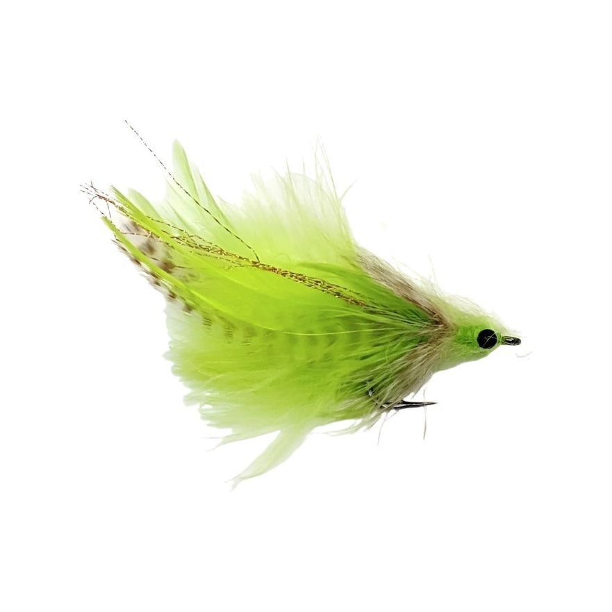 Umpqua Laid-Up Tarpon fly in chartreuse with bushy over-hackled body and gold ribbing