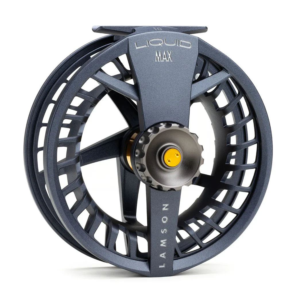 Angled front view of Lamson Liquid MAX fly reel with gunmetal drag knob and yellow insert