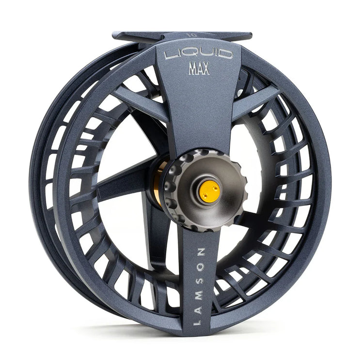 Angled front view of Lamson Liquid MAX fly reel with gunmetal drag knob and yellow insert