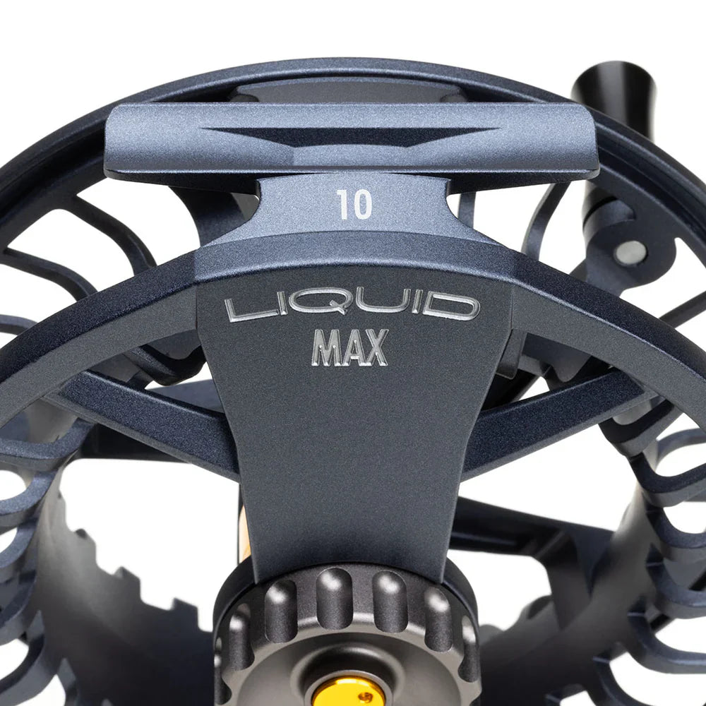 Detail shot of Lamson Liquid MAX 10 fly reel frame with engraved text and textured knob