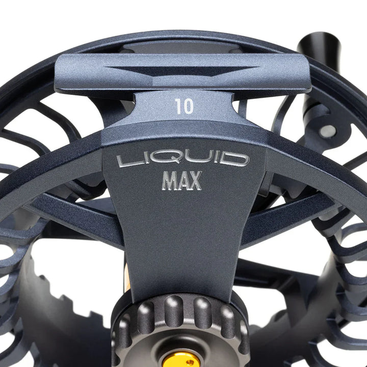 Detail shot of Lamson Liquid MAX 10 fly reel frame with engraved text and textured knob