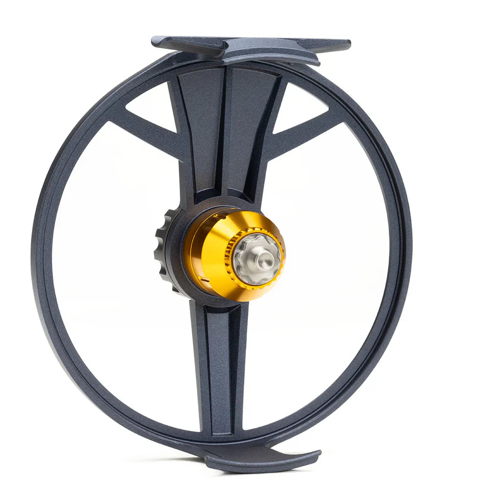 Rear view of Lamson Liquid MAX fly reel showing solid back plate and gold hub component
