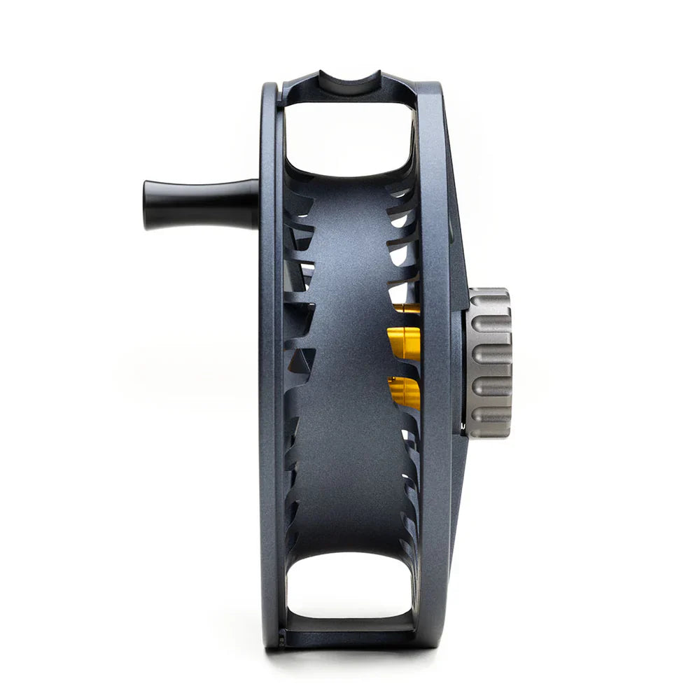 Side profile of Lamson Liquid MAX fly reel highlighting pressure-cast frame and handle stem