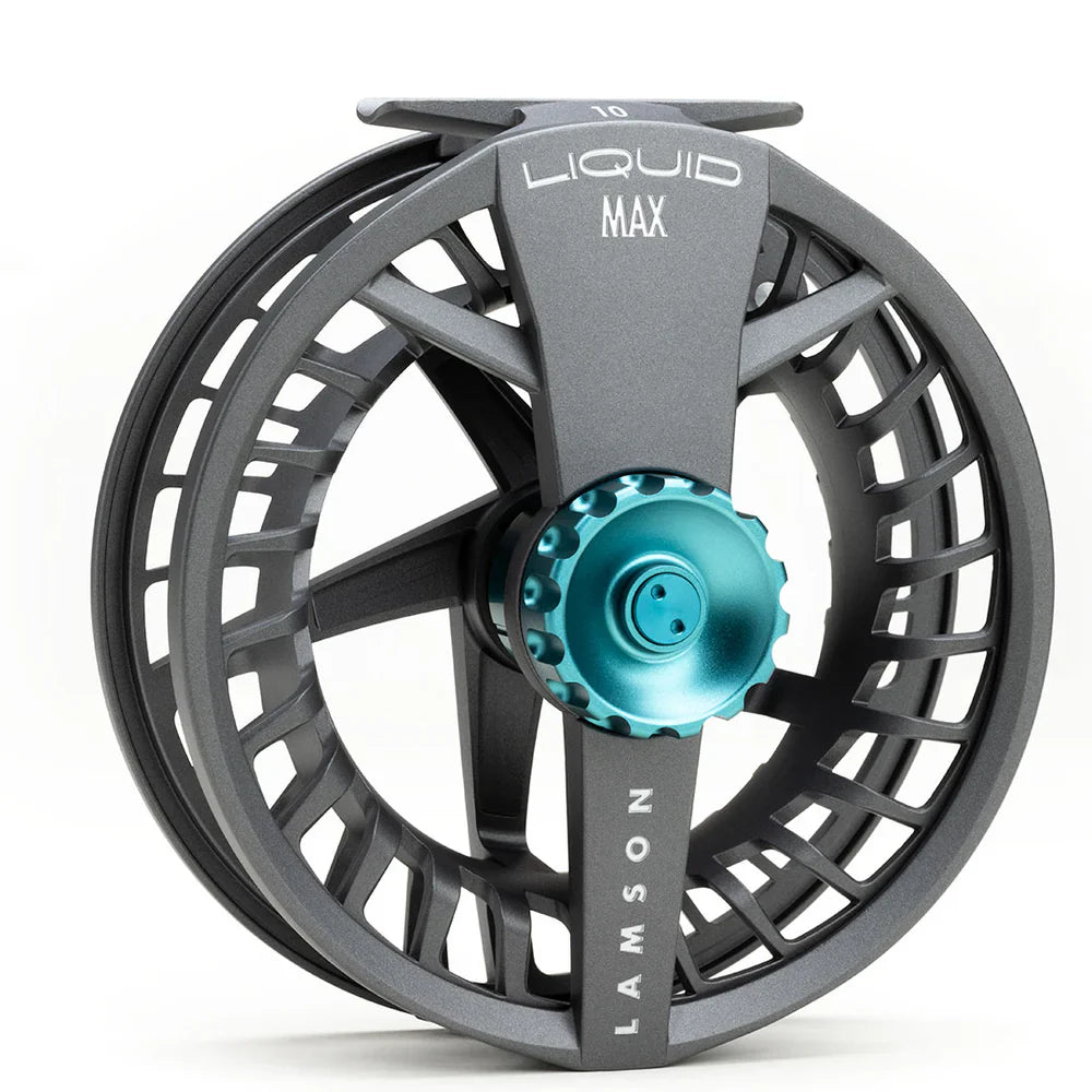 Lamson Liquid MAX fly reel in matte dark grey with teal drag knob and open lattice spool