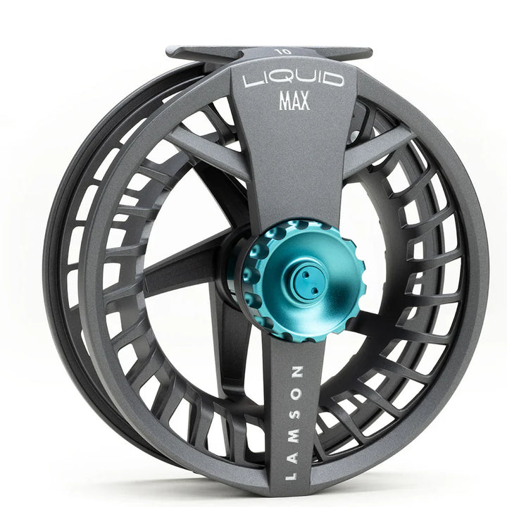Lamson Liquid MAX fly reel in matte dark grey with teal drag knob and open lattice spool