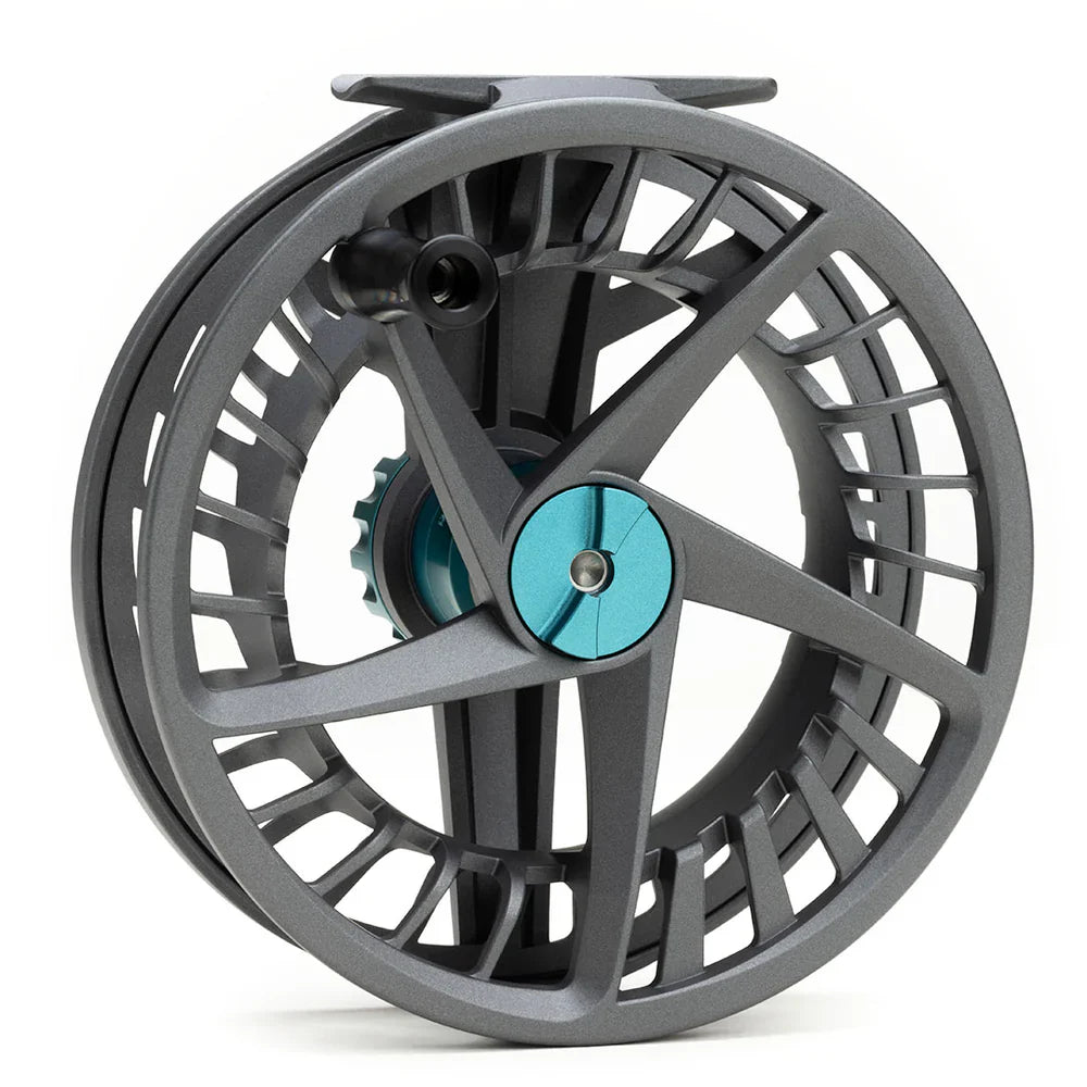Back view of Lamson Liquid MAX fly reel featuring large arbor design with three spokes
