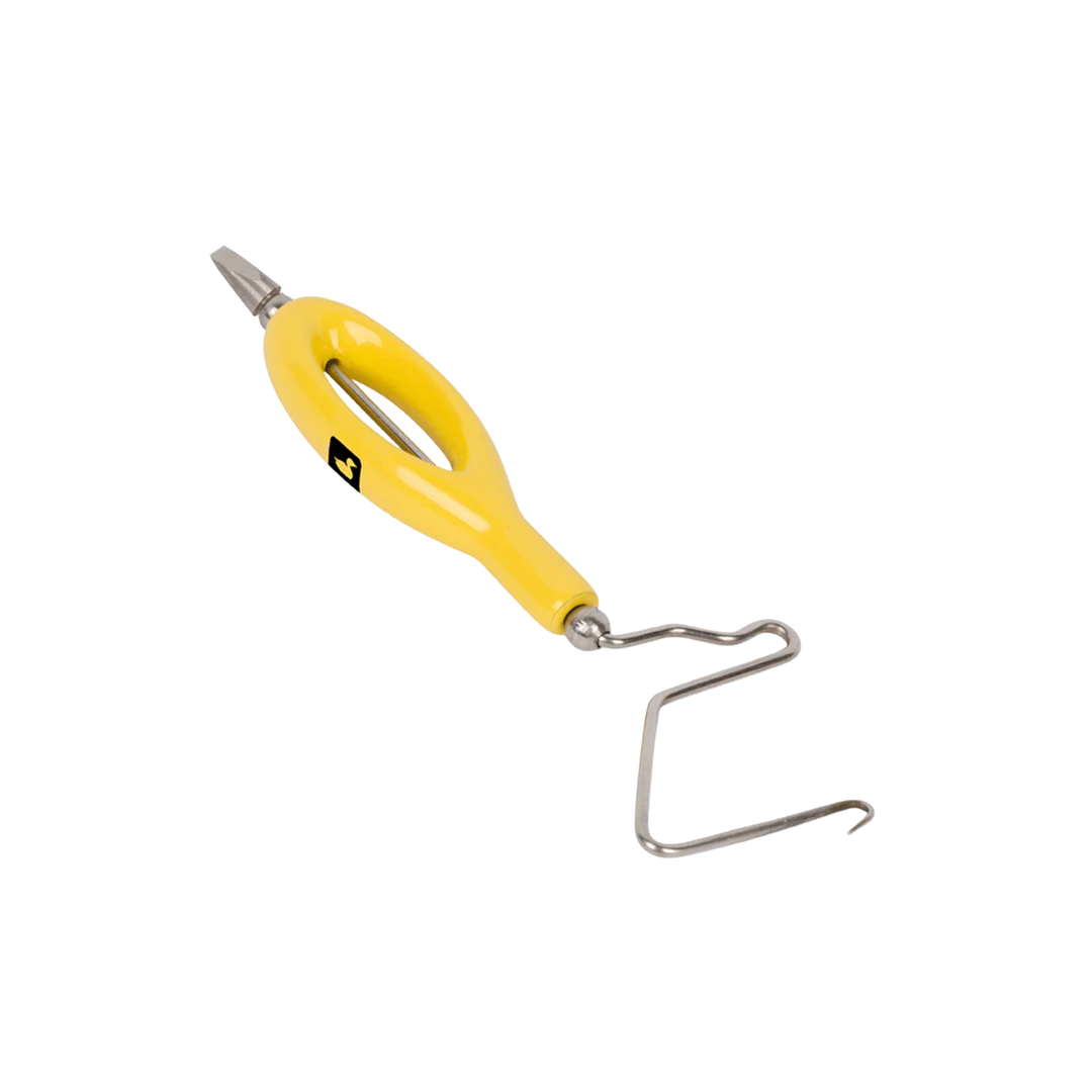 Loon Ergo Whip Finisher fly tying tool in yellow with powder-coated ergonomic handle and sharpened clipping base