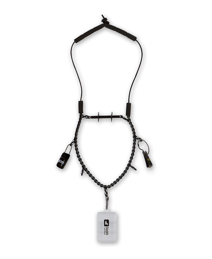 Loon Neckvest Lanyard carrying fly box, floatant, and nippers