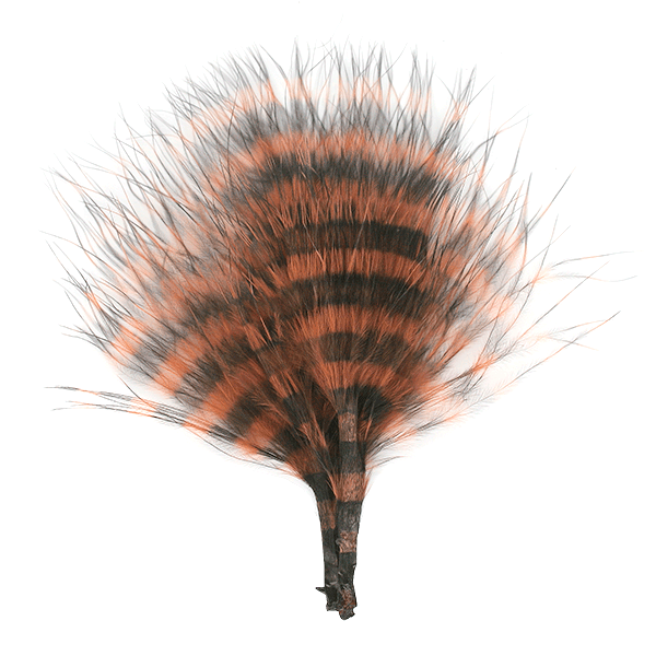 Dark brown and vibrant orange-red barred marabou feathers