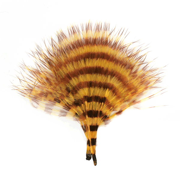 Amber-yellow and dark brown barred marabou feather tuft