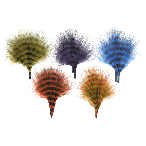 Assorted color barred marabou feathers including purple, blue, and rust