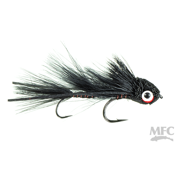 MFC Micro Dungeon black streamer fly with red ribbing accents and black hackle