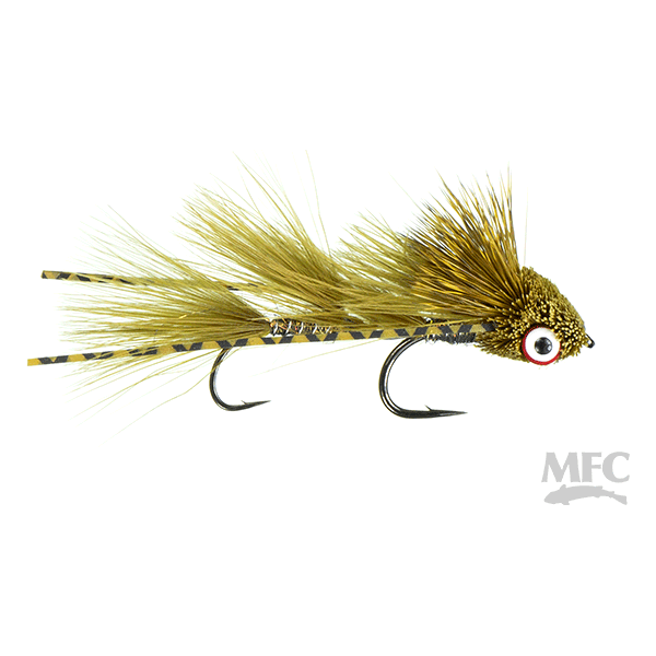 MFC Micro Dungeon gold olive streamer fly with metallic ribbing and golden hackle