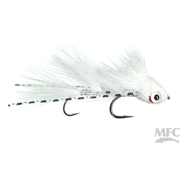 MFC Micro Dungeon white streamer fly with silver tinsel and white hackle for trout