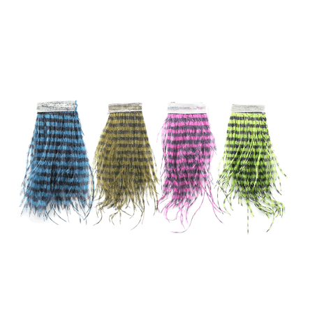 MFC Strung Barred Ostrich feathers in blue, olive, pink, and lime green for fly tying