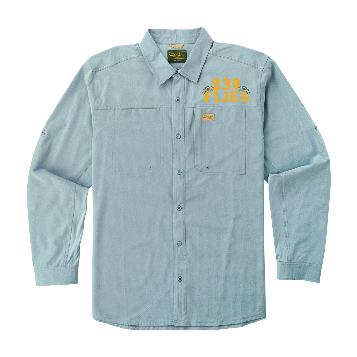 Marsh Wear Lenwood Tech Longsleeve Shirt front with 239 Flies logo embroidery and chest pockets