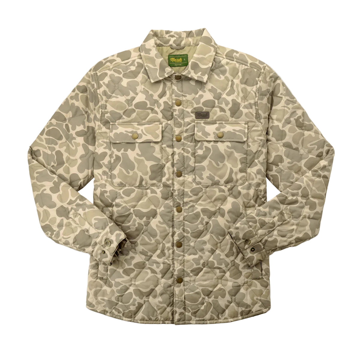 Marsh Wear Saluda Puff Shacket front detail showing snap pockets and leather label
