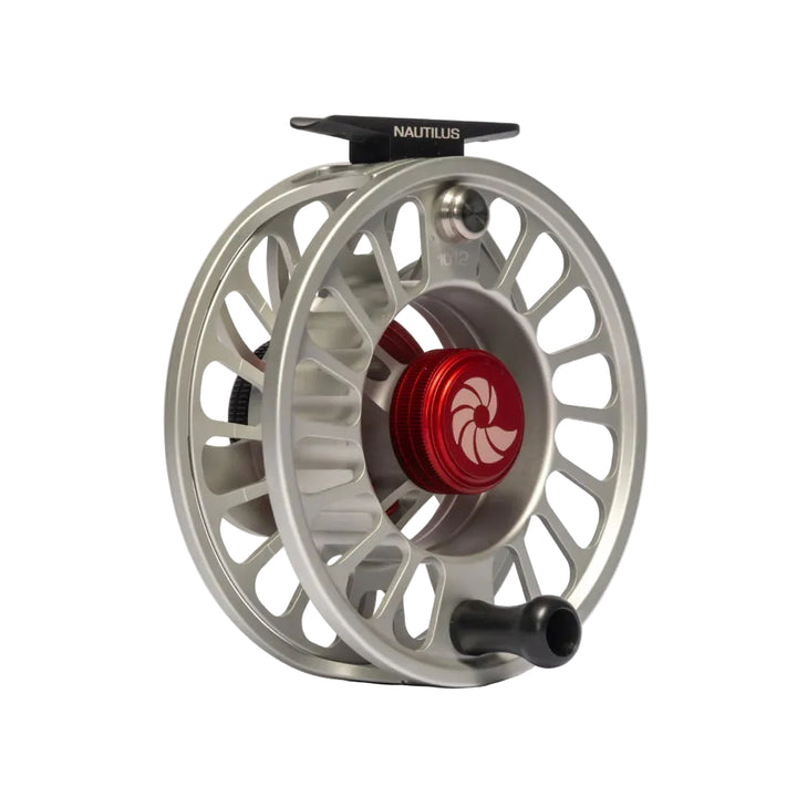 Nautilus CCF-X2 fly reel side view showing red drag knob and black handle