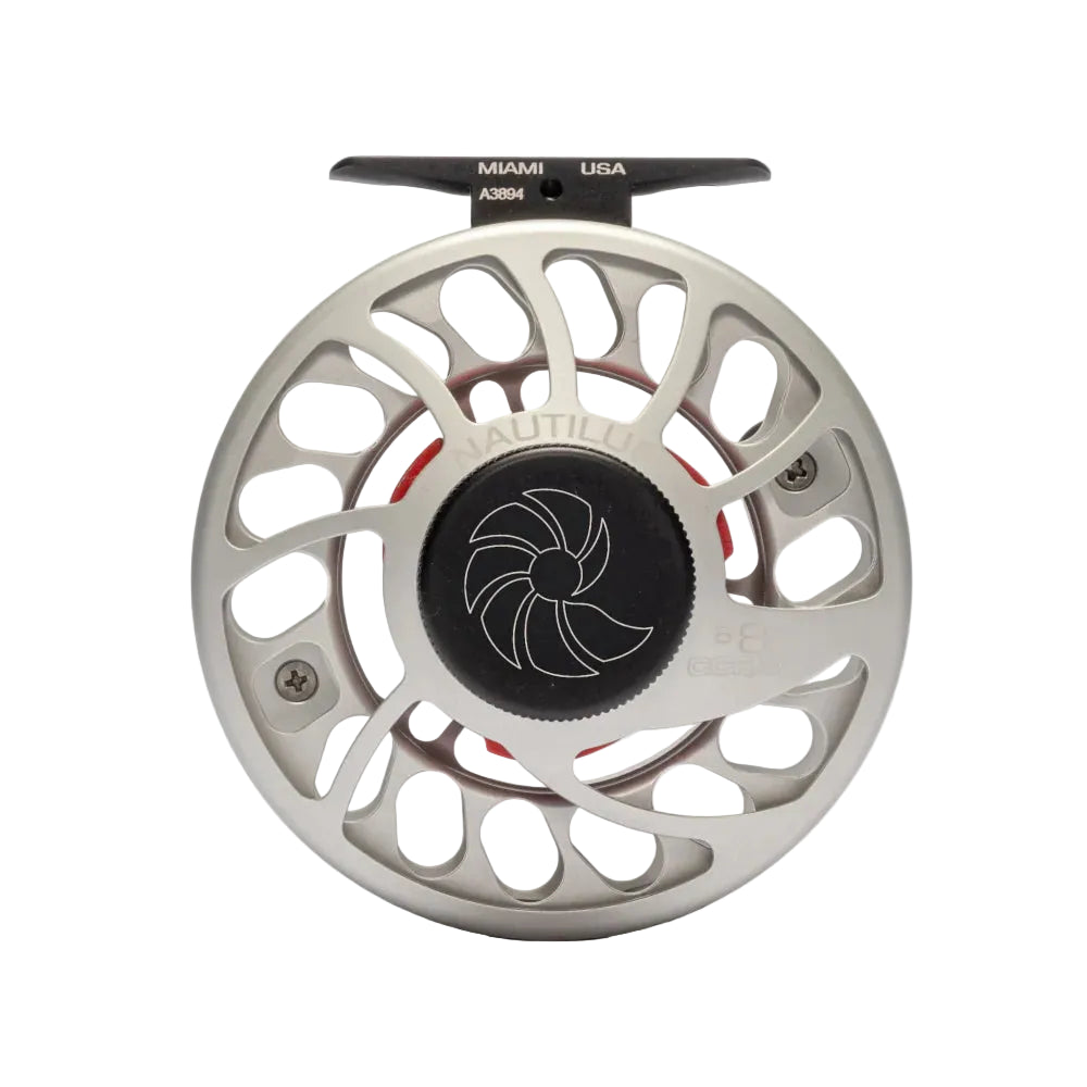 Nautilus CCF-X2 fly reel front view with engraved Miami USA serial number