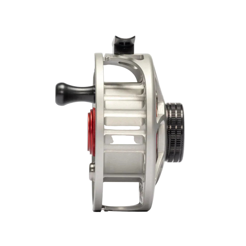 Nautilus CCF-X2 brushed titanium fly reel side profile with open-frame design