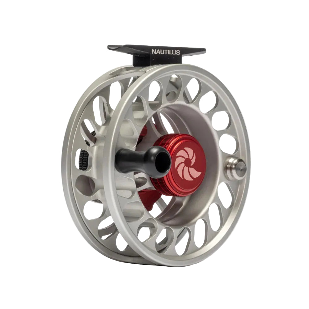 Nautilus CCF-X2 fly reel three-quarter view showing red drag knob and logo