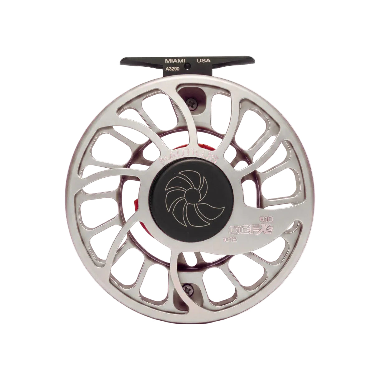 Front view of Nautilus CCF-X2 fly reel showing spider-frame design and logo