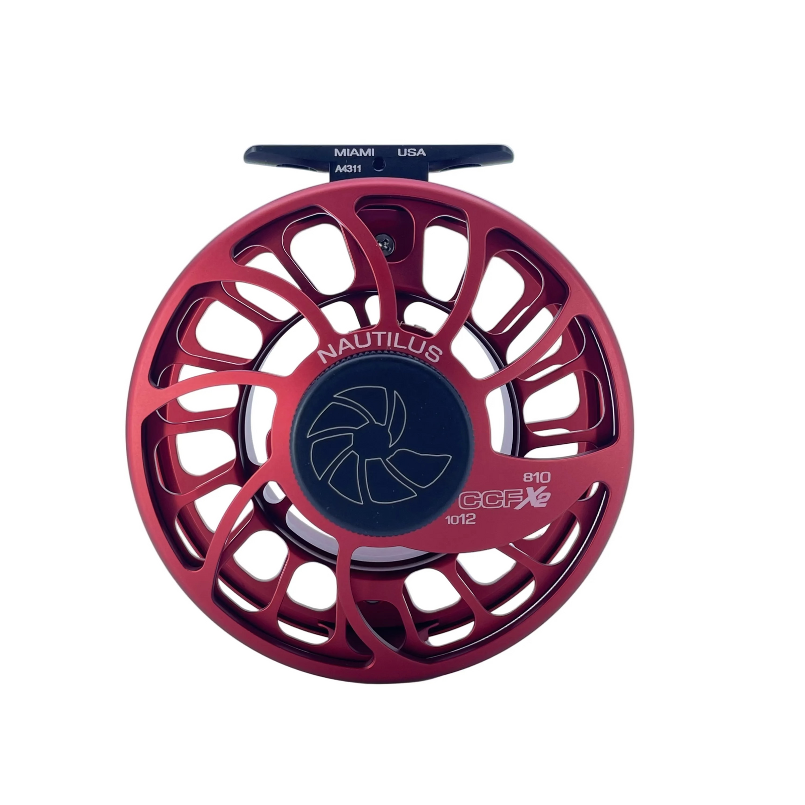 Nautilus CCF X2 fly reel in Nauti Red with open-frame spool and black handle