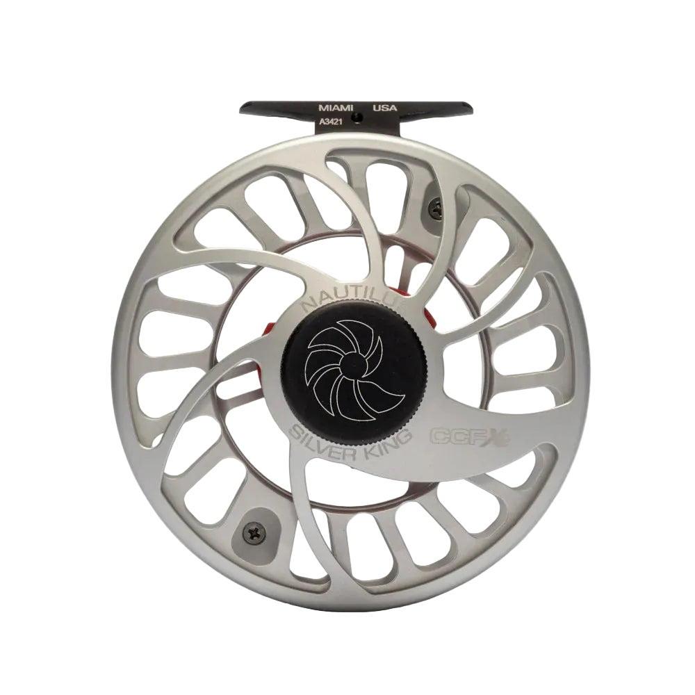 Nautilus Silver King CCF-X2 brushed titanium fly reel with open frame design