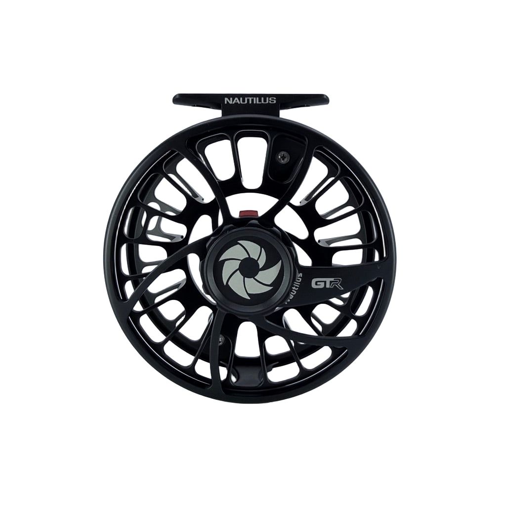 Nautilus GTR fly reel in black with open skeletal frame and white logo