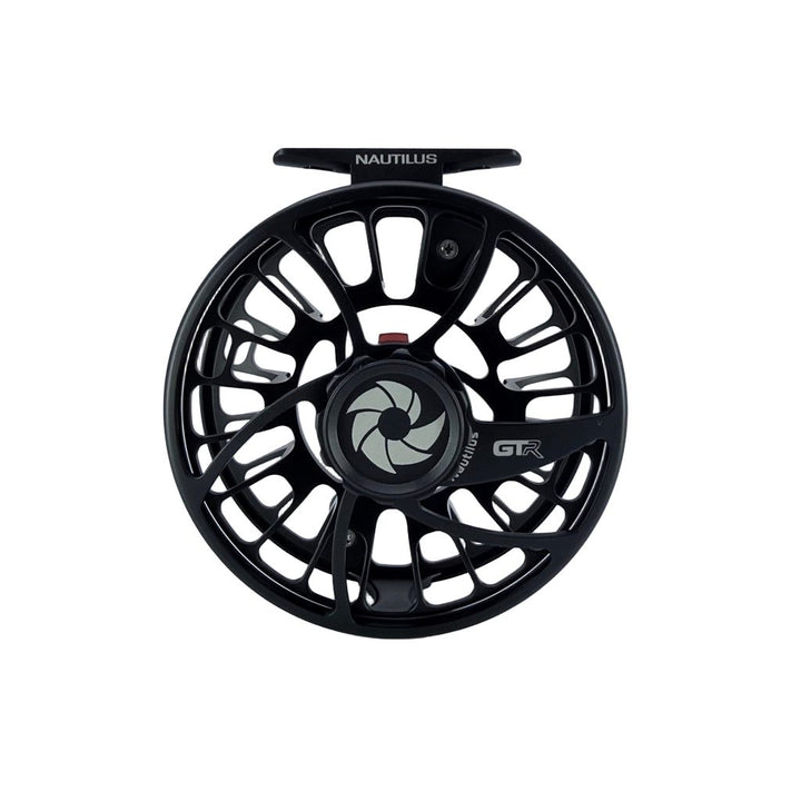 Nautilus GTR fly reel in black with open skeletal frame and white logo