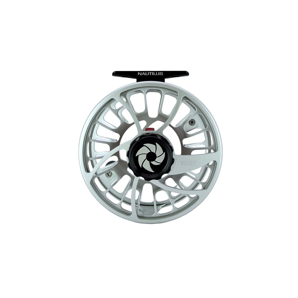 Nautilus GTR 8/9 silver fly reel with perforated frame and black drag knob
