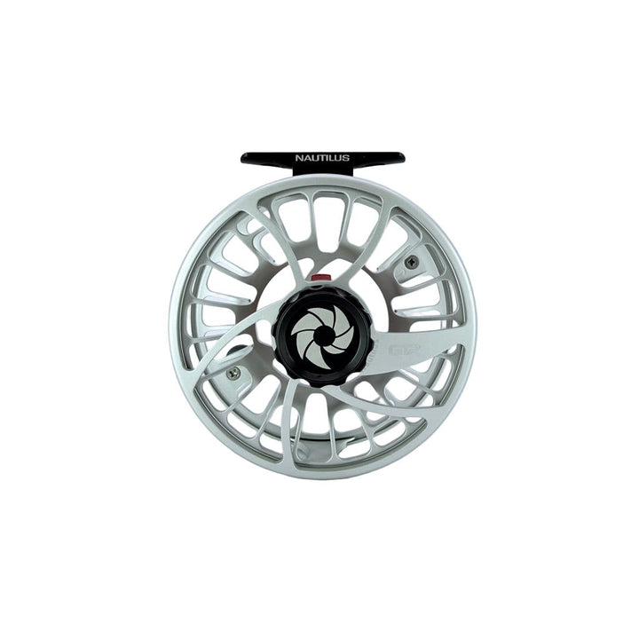 Nautilus GTR 8/9 silver fly reel with perforated frame and black drag knob