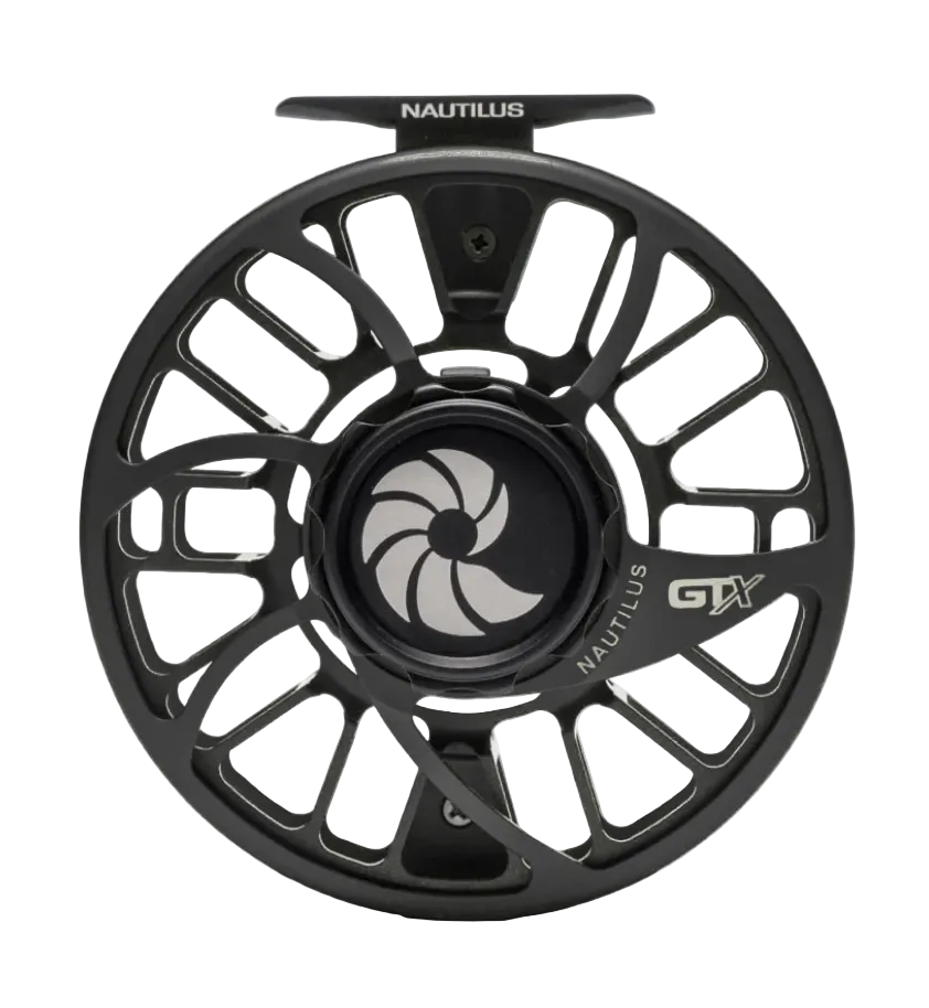 Nautilus GTX black fly fishing reel front view with open-frame spool and turbine logo