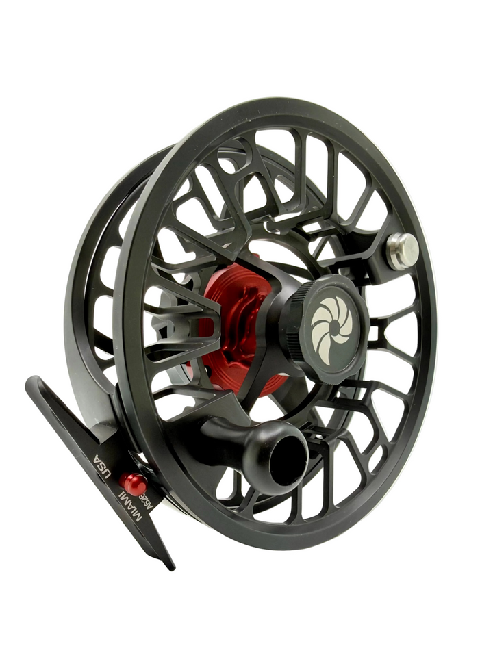Nautilus GTX black saltwater fishing reel side view showing red Pentadrag braking system and matte finish