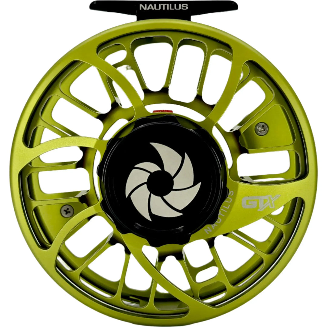 Front view of Nautilus GTX fly reel showing black center knob and branding
