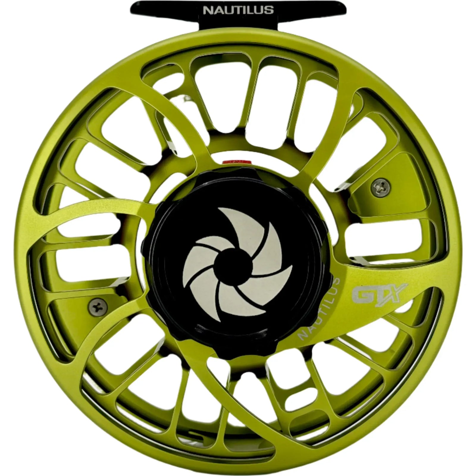 Front view of Nautilus GTX fly reel showing black center knob and branding