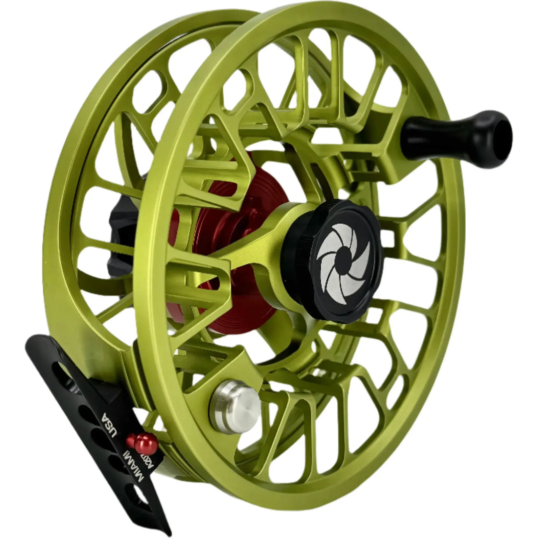 Nautilus GTX fishing reel in Glades Green with red hub and black knobs