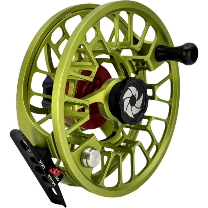 Nautilus GTX fishing reel in Glades Green with red hub and black knobs