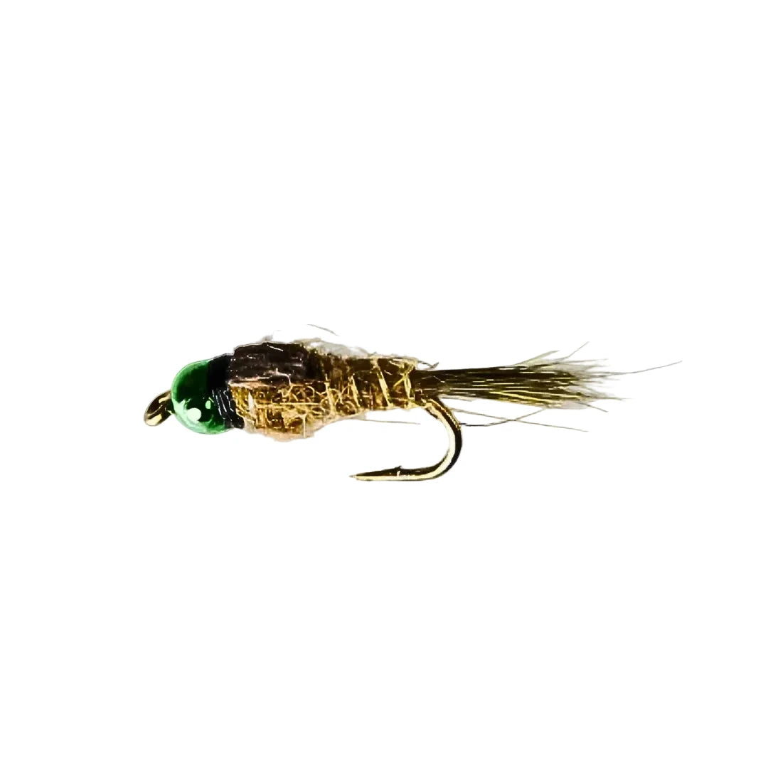 Olive Hare's Ear nymph fly with metallic green tungsten bead head and gold tinsel body