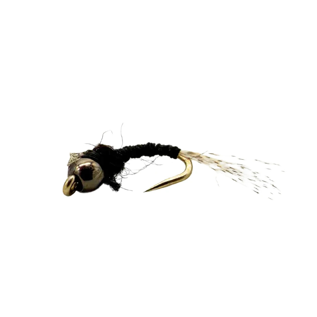 Black tungsten bead head nymph fly with gold hook and sparse tail