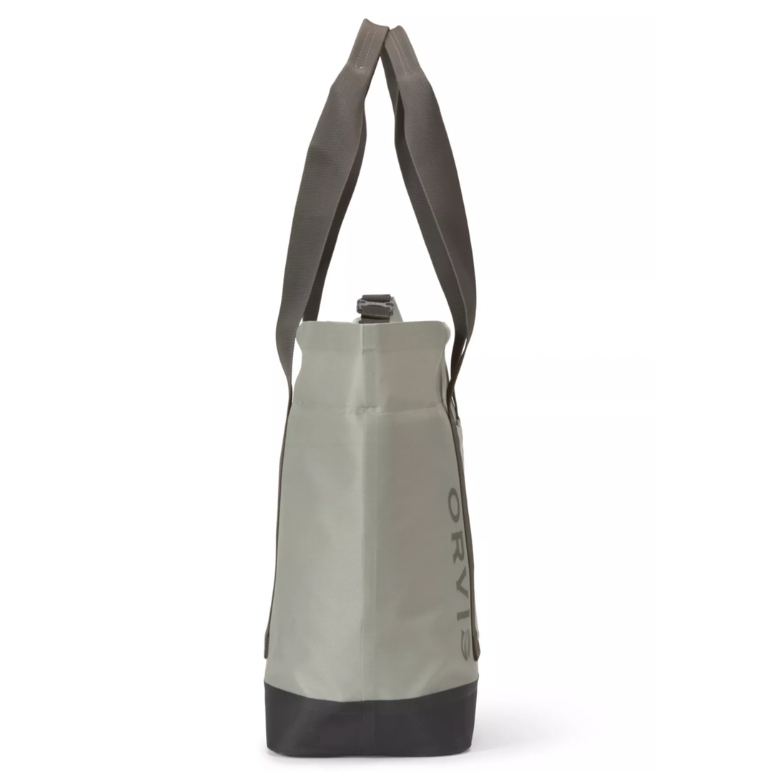 Side view of Orvis waterproof tote showing reinforced base