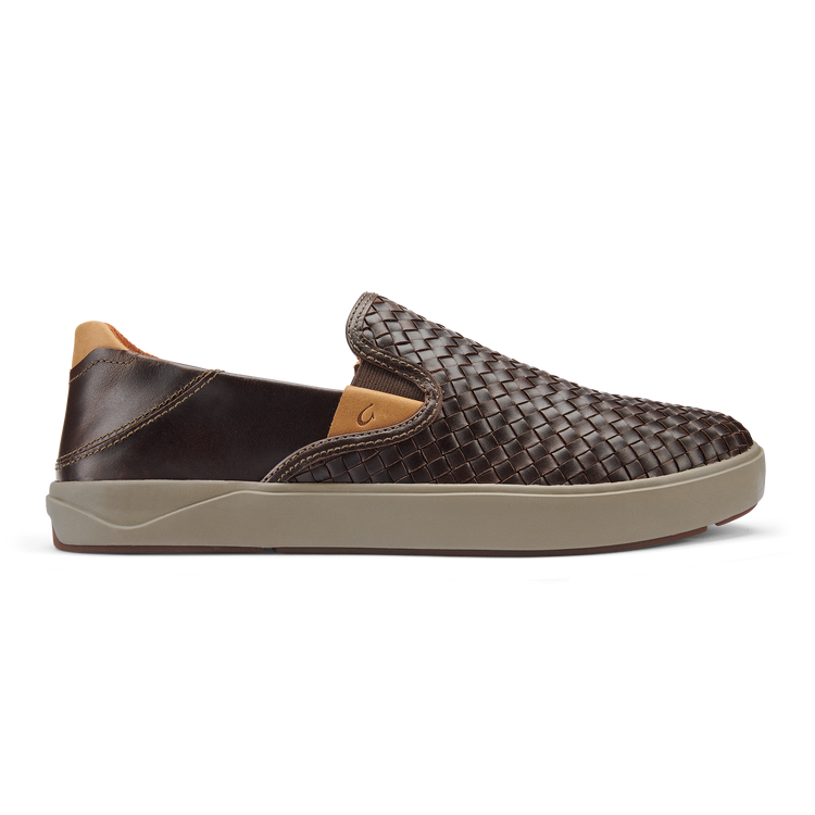 Side profile of OluKai Lae'Ahi brown slip-on showing elastic gusset and woven leather toe box