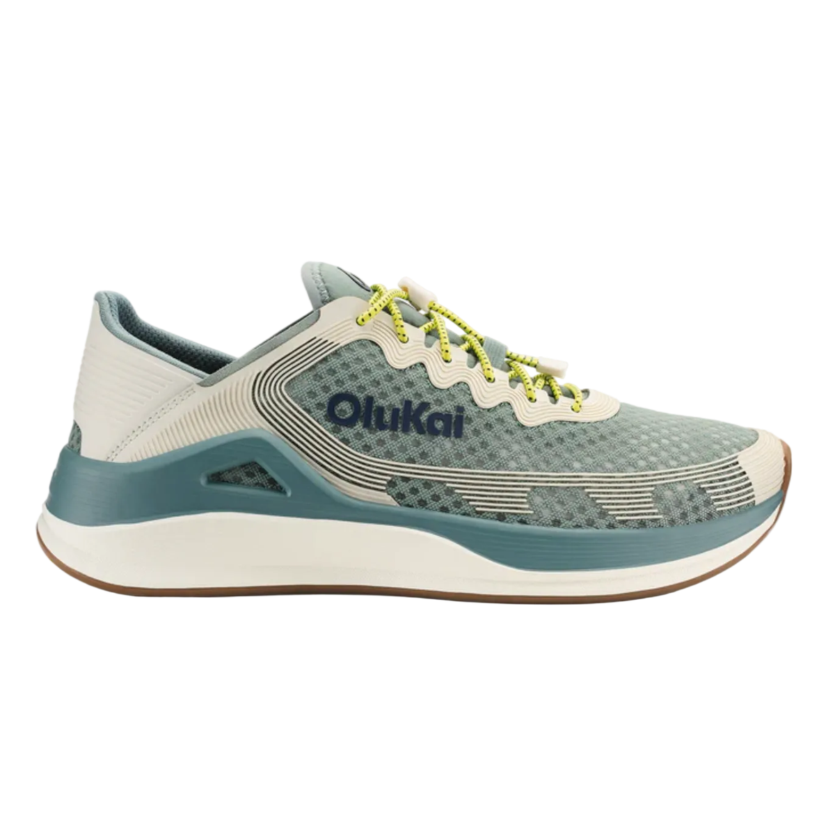 Men's Olukai Ahi seagreen water shoes with lime green laces and cream overlays