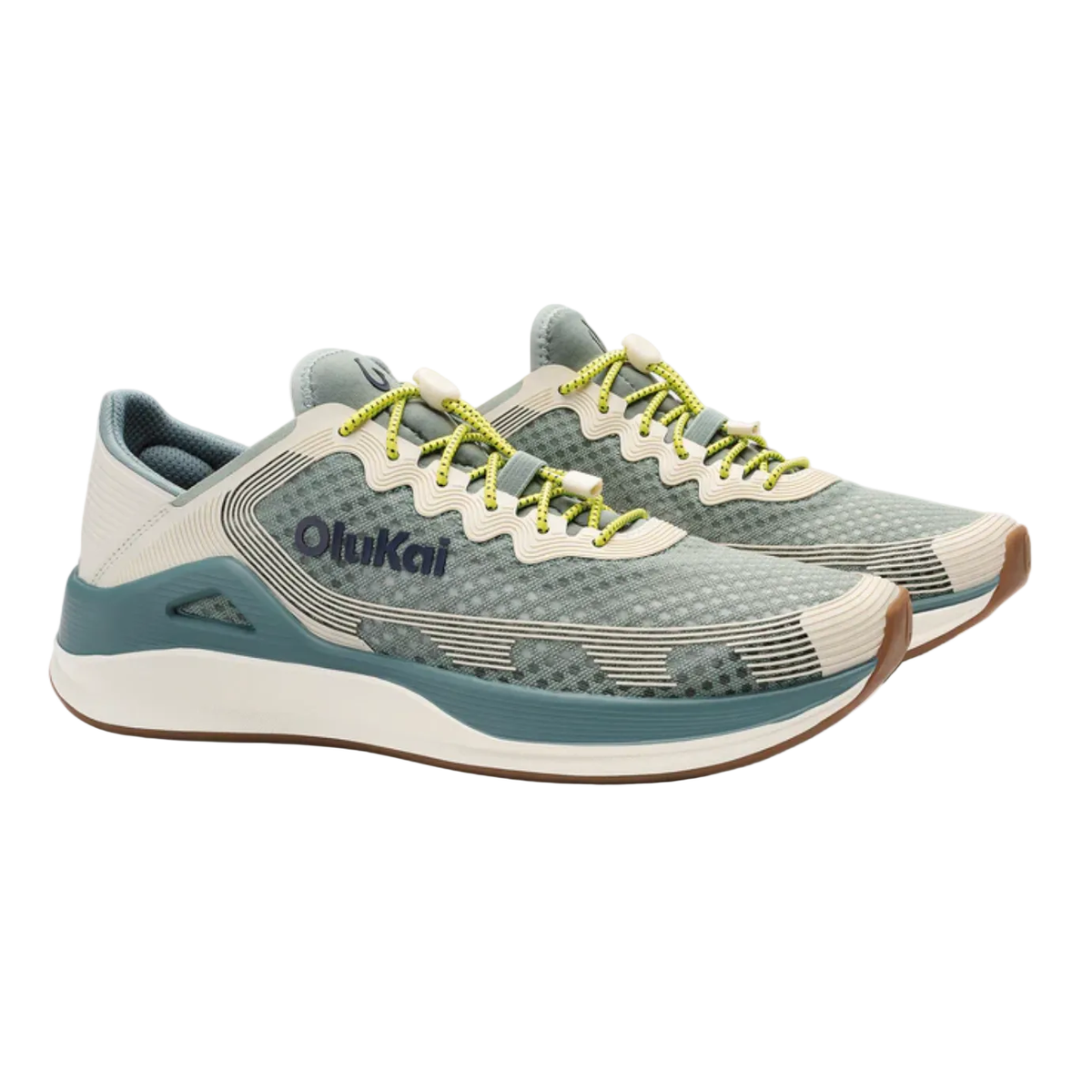 Pair of Olukai Ahi men's mesh water shoes in seagreen and white sand