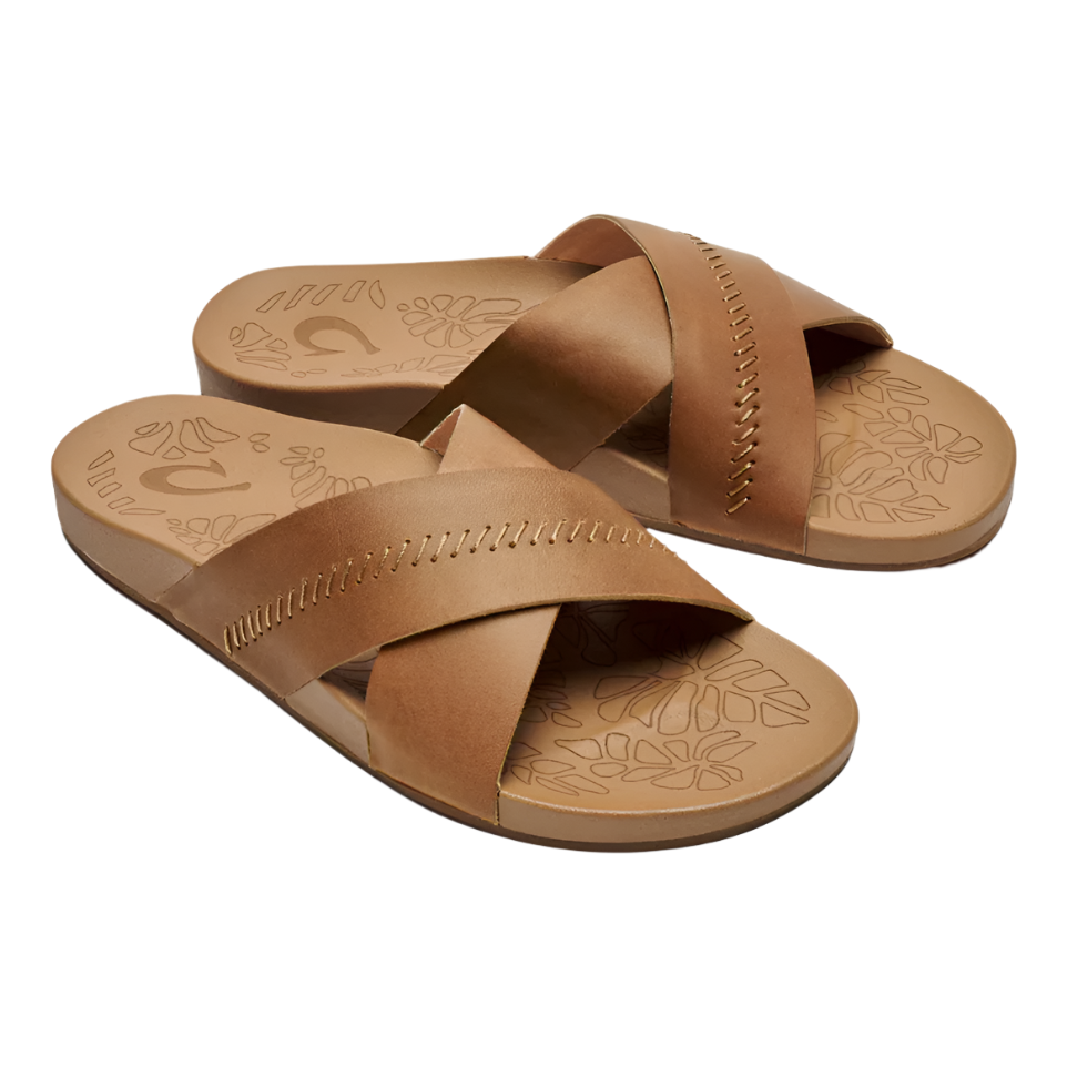 Olukai women's slide sandals tan leather with floral embossed footbed detail