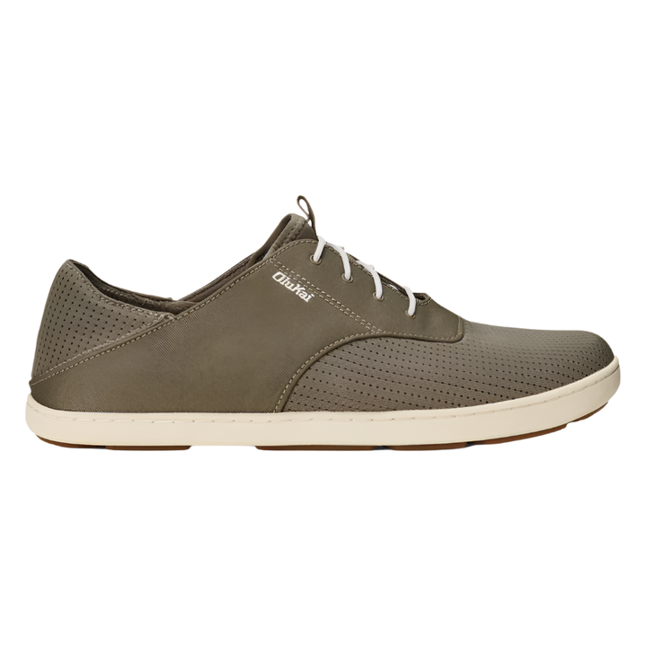 Side view of Olukai Nohea Moku clay tapa boat shoe showing mesh texture and midsole