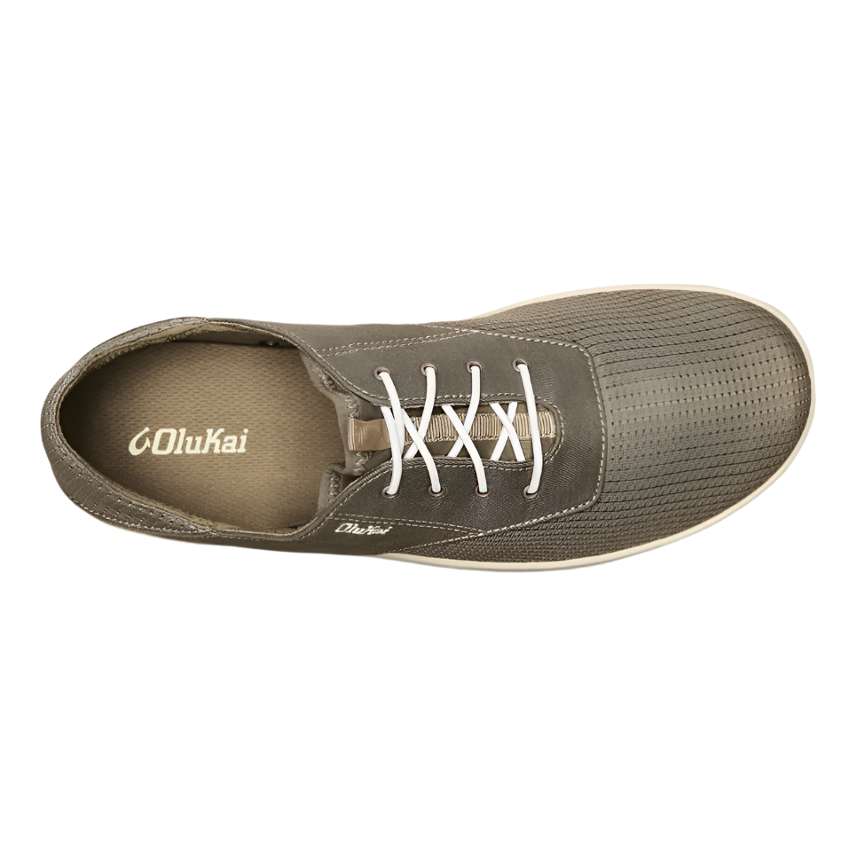 Olukai Nohea Moku olive green boat shoe with white laces and perforated toe